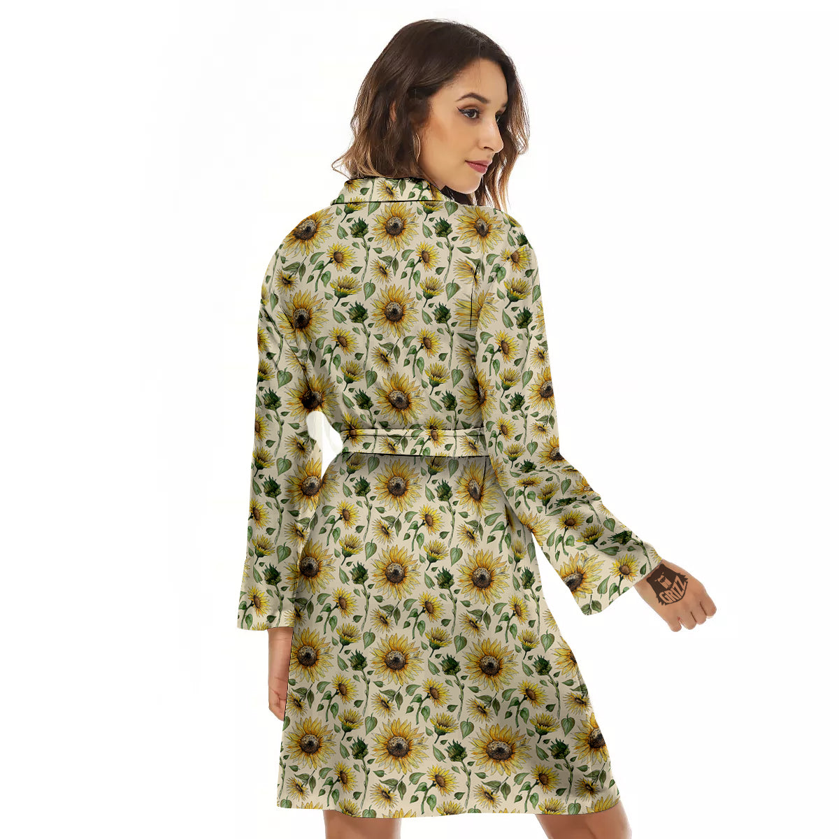 Watercolor Sunflower Beige Print Pattern Women's Robe-grizzshop