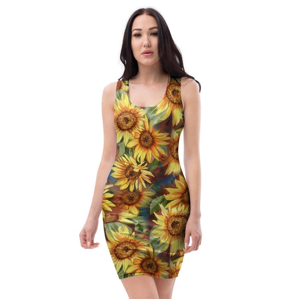 Watercolor Sunflower Bodycon Dress-grizzshop