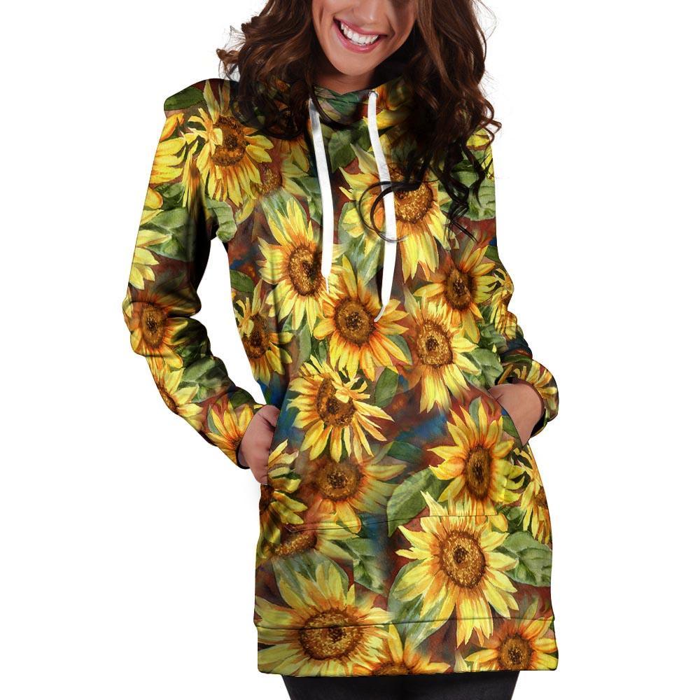 Watercolor Sunflower Hoodie Dress-grizzshop