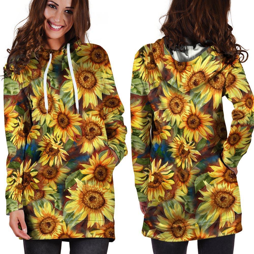 Watercolor Sunflower Hoodie Dress-grizzshop