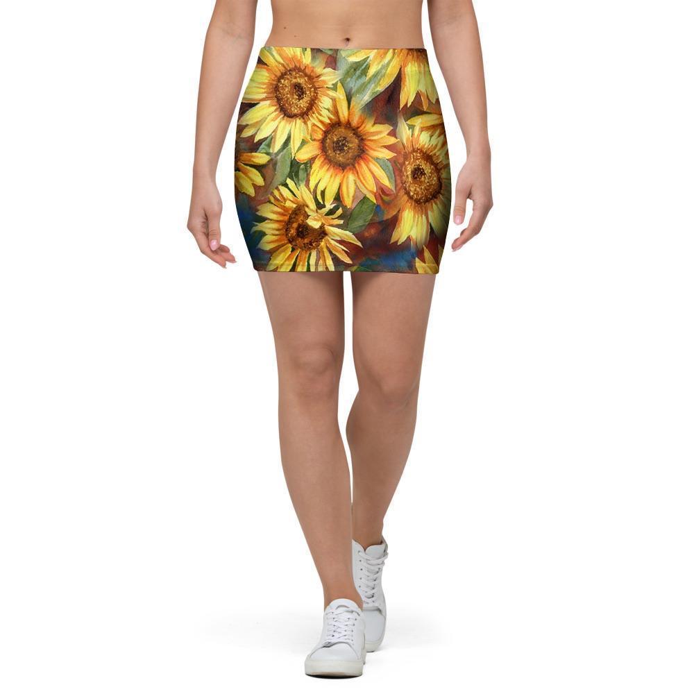 Watercolor Sunflower Mini Skirt-grizzshop