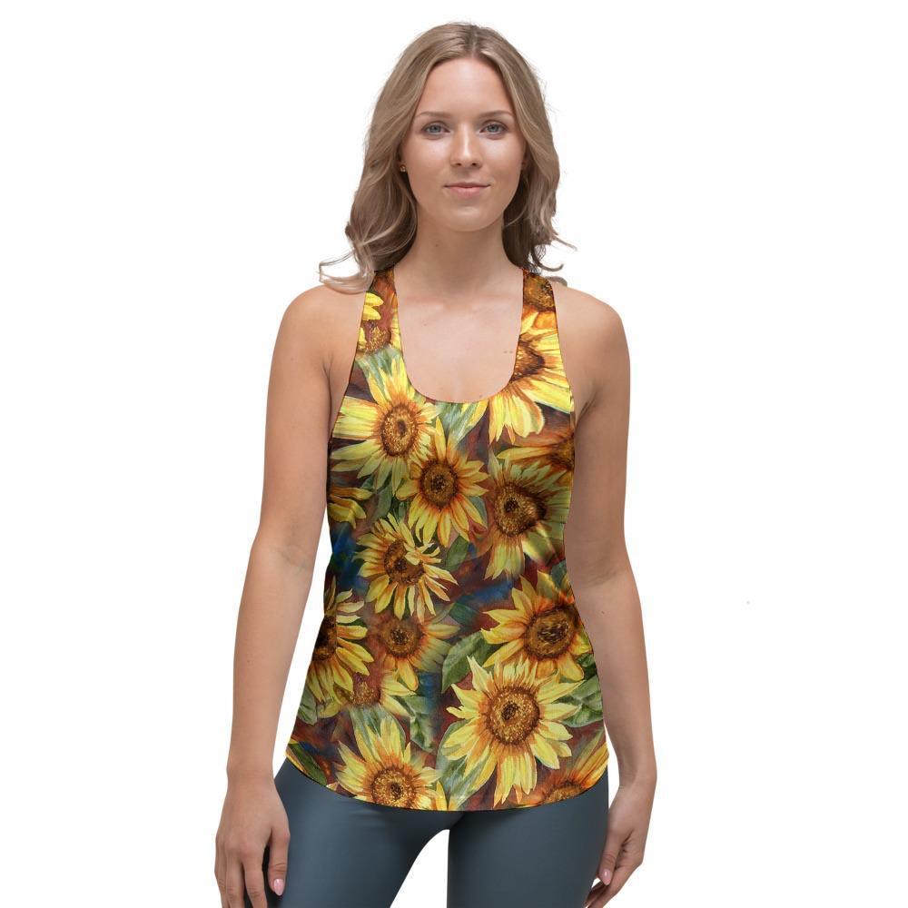 Watercolor Sunflower Women's Racerback Tank Top-grizzshop