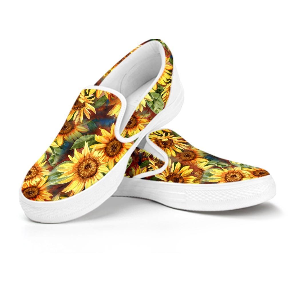 Watercolor Sunflower Women's Slip On Sneakers-grizzshop