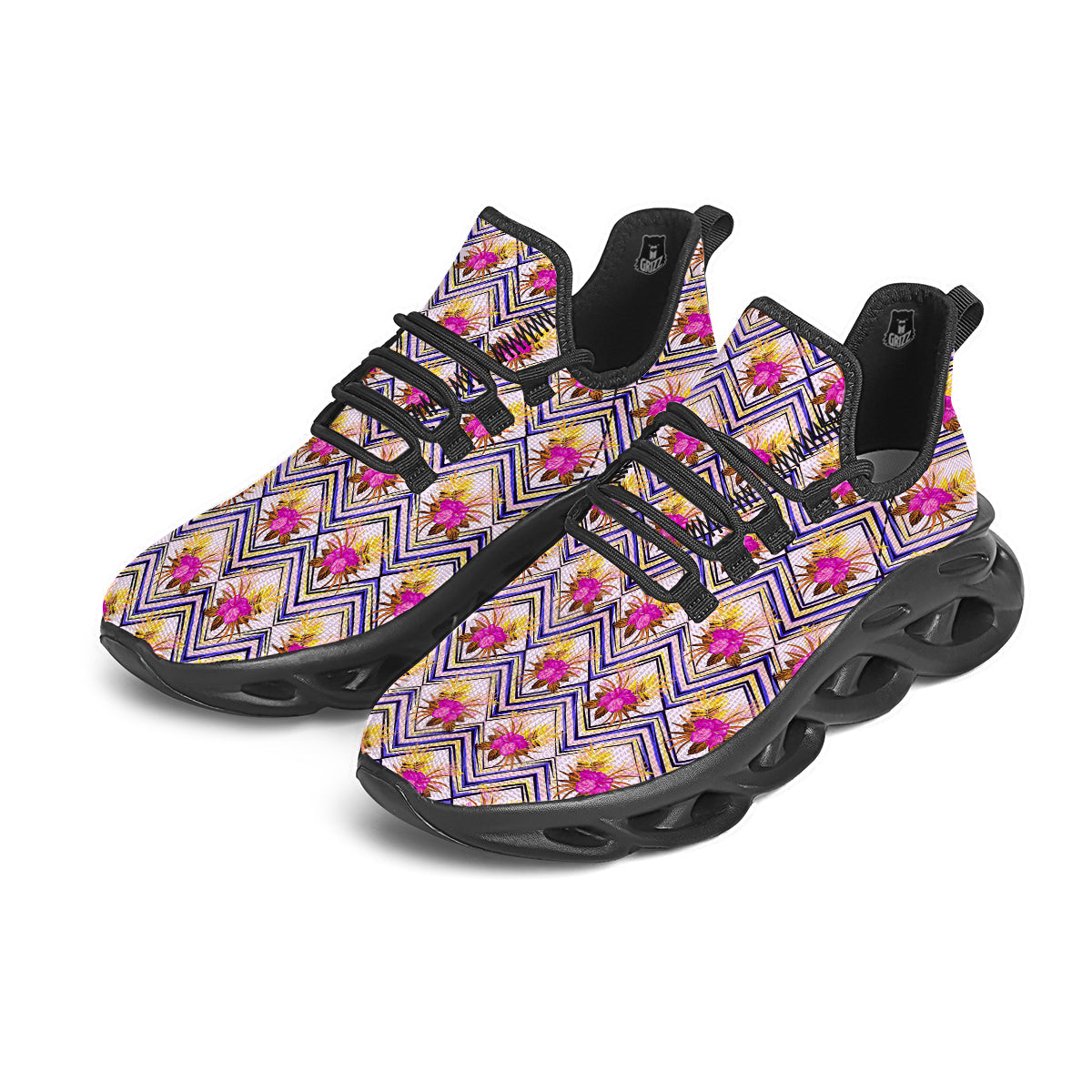 Watercolor Tropical Flower Zigzag Print Pattern Black Running Shoes-grizzshop