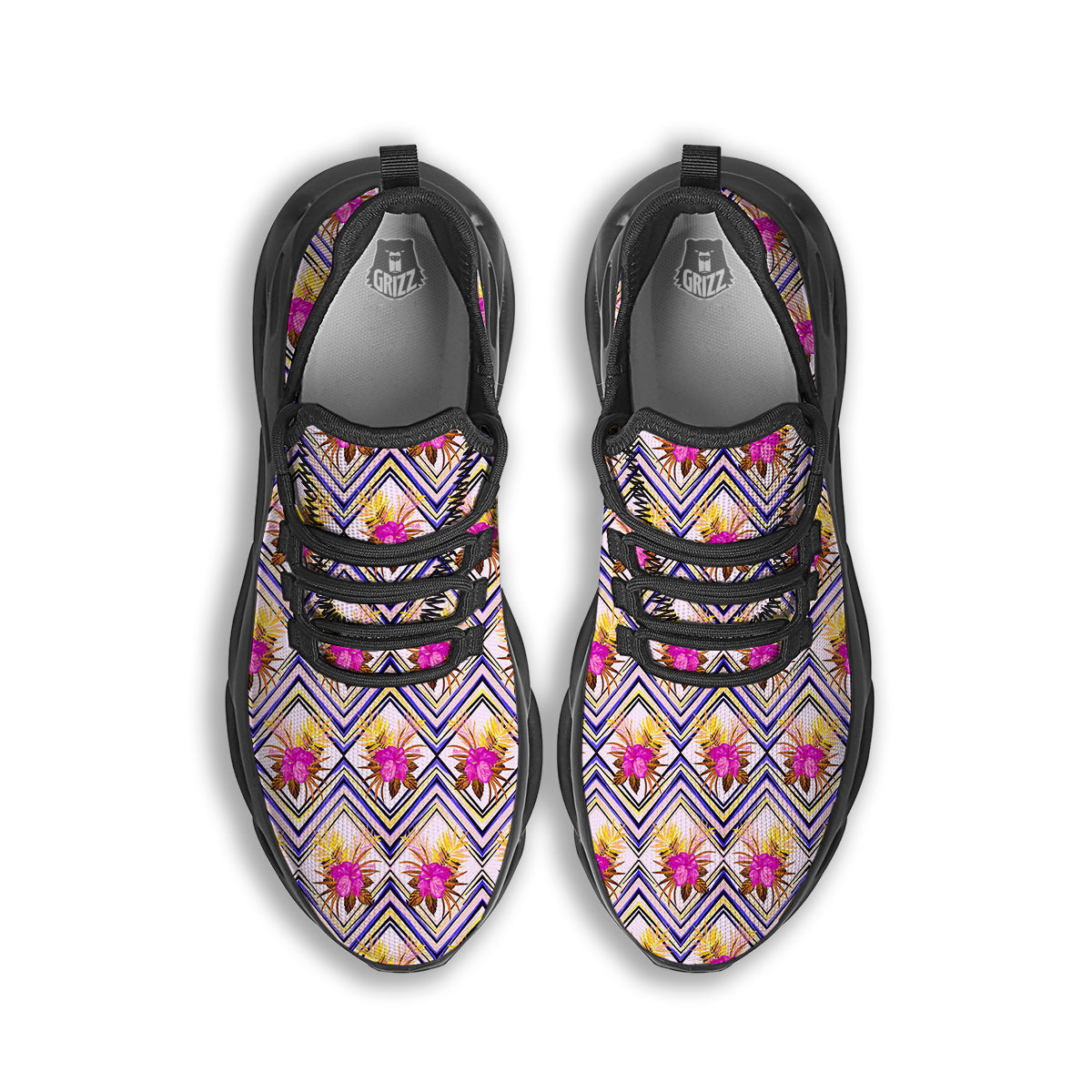 Watercolor Tropical Flower Zigzag Print Pattern Black Running Shoes-grizzshop
