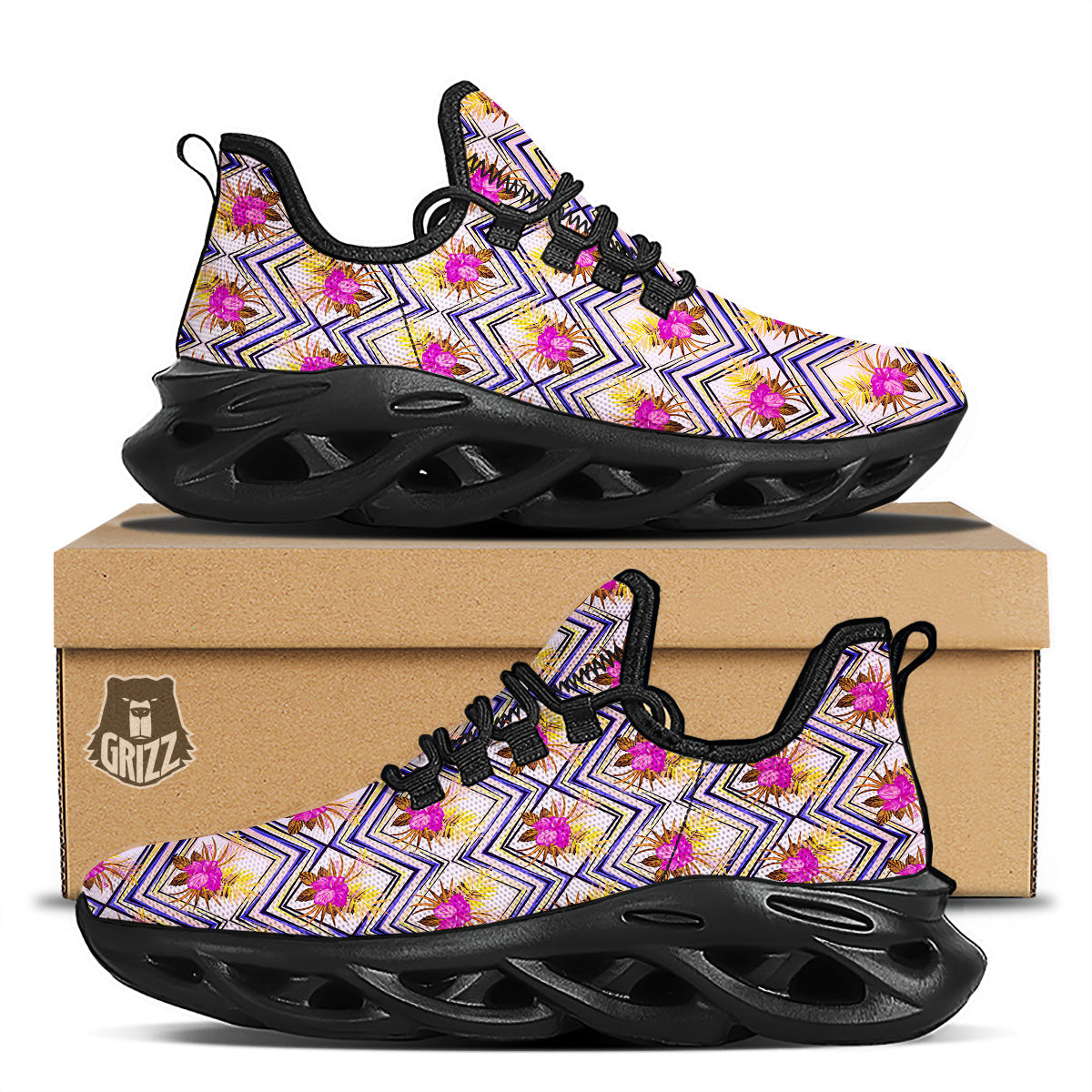 Watercolor Tropical Flower Zigzag Print Pattern Black Running Shoes-grizzshop