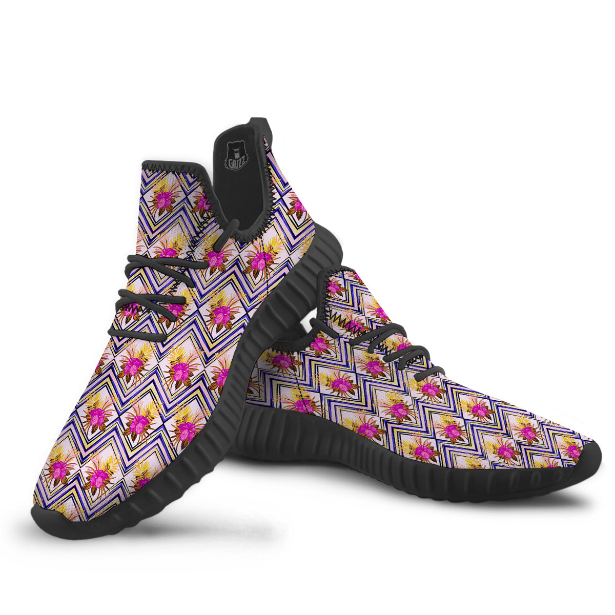 Watercolor Tropical Flower Zigzag Print Pattern Black Walking Shoes-grizzshop