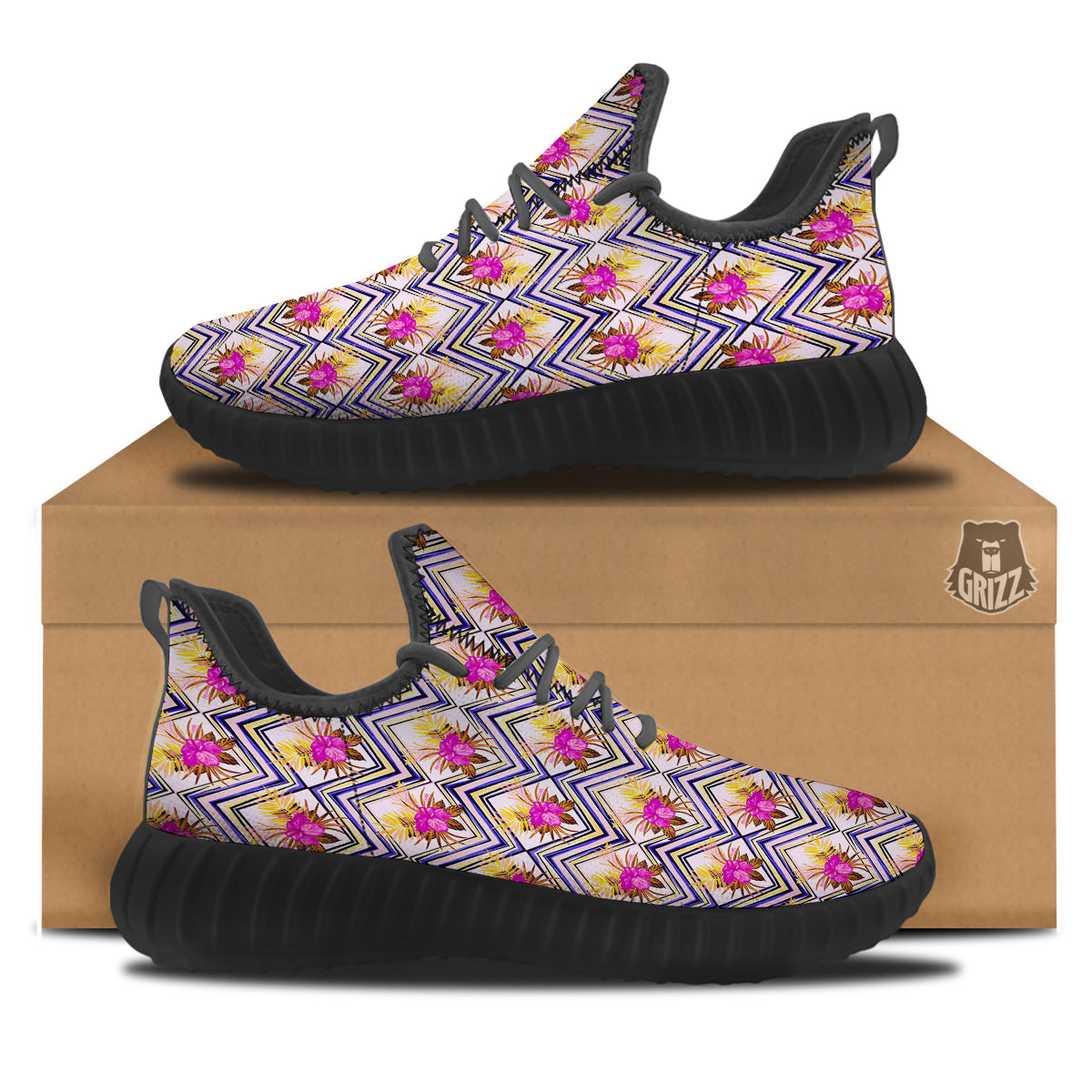 Watercolor Tropical Flower Zigzag Print Pattern Black Walking Shoes-grizzshop
