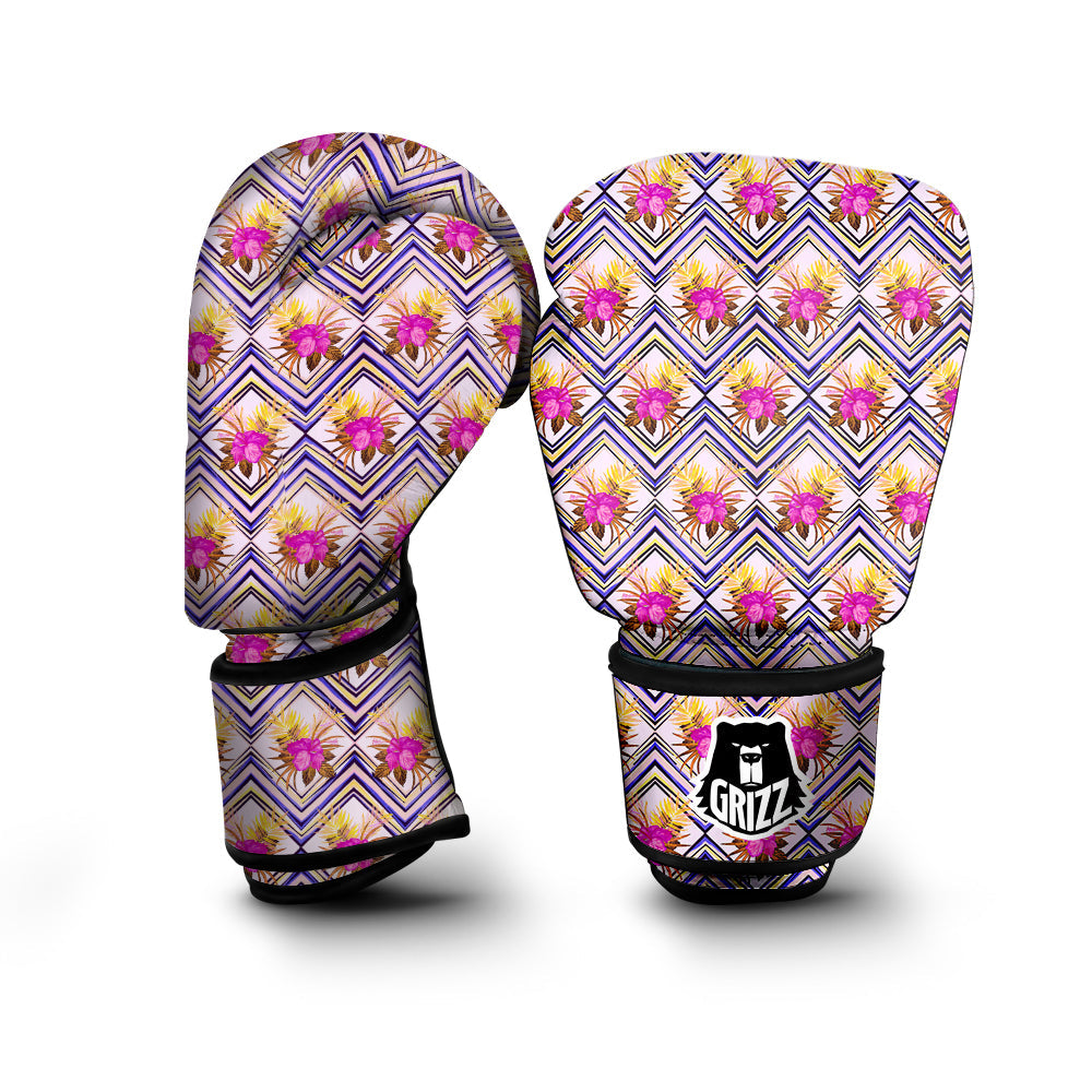 Watercolor Tropical Flower Zigzag Print Pattern Boxing Gloves-grizzshop