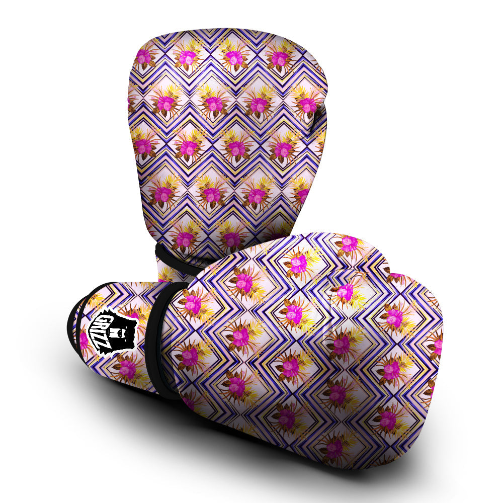 Watercolor Tropical Flower Zigzag Print Pattern Boxing Gloves-grizzshop
