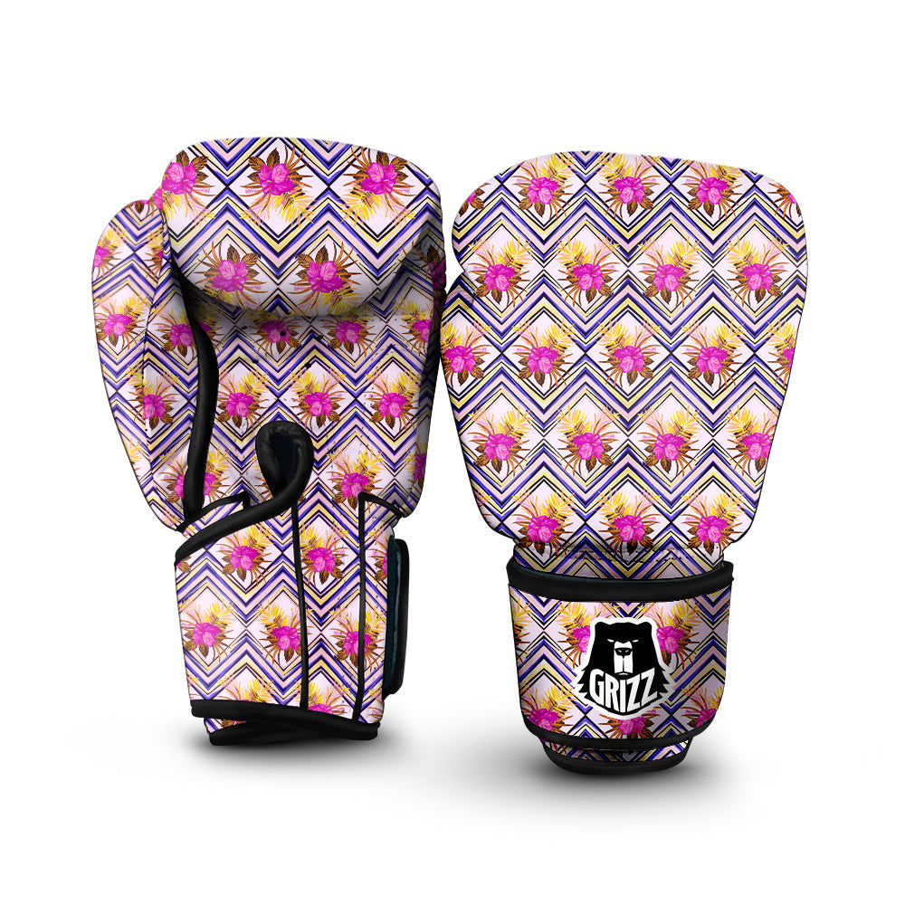 Watercolor Tropical Flower Zigzag Print Pattern Boxing Gloves-grizzshop