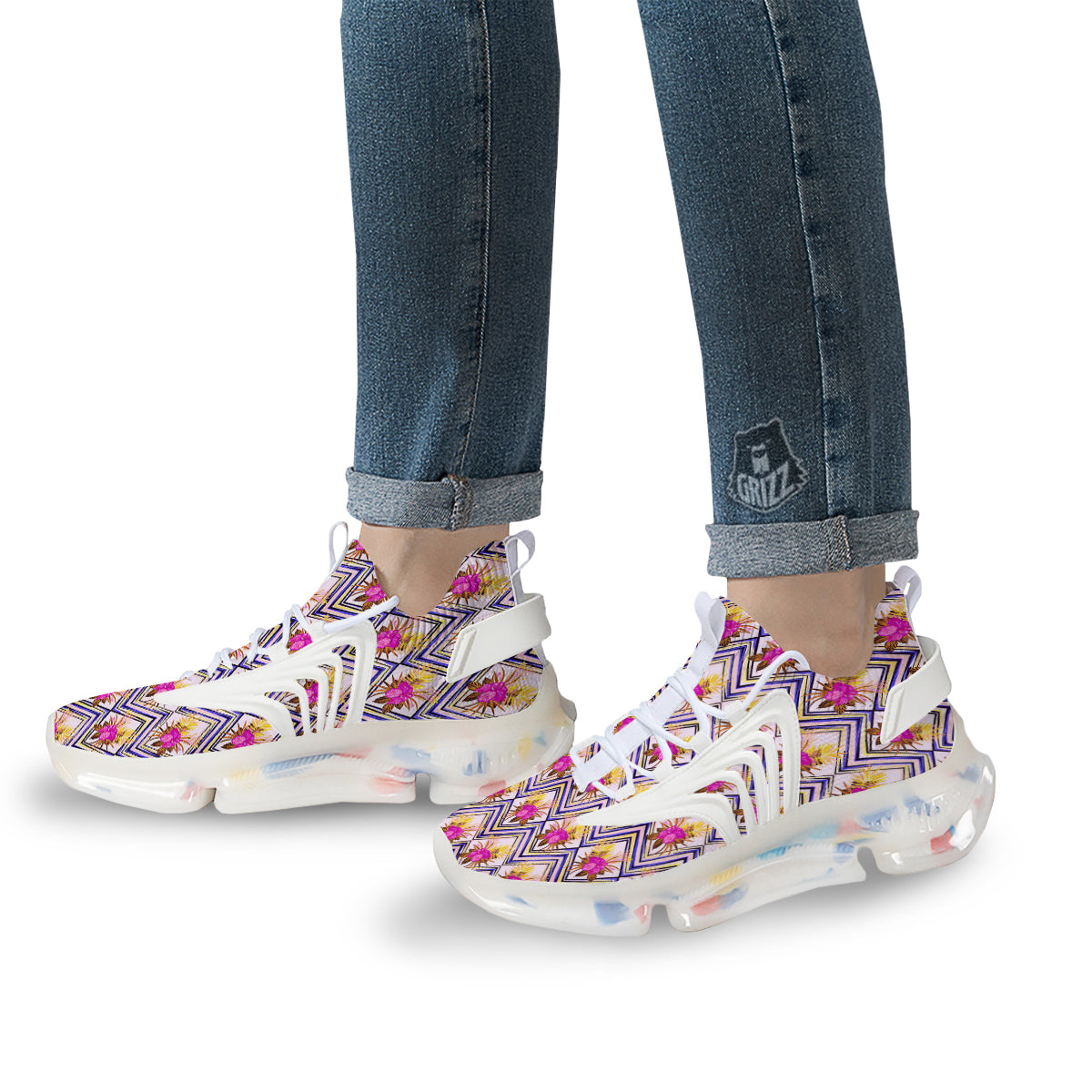 Watercolor Tropical Flower Zigzag Print Pattern White Gym Shoes-grizzshop