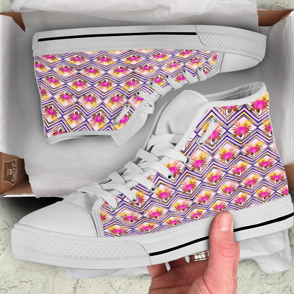Watercolor Tropical Flower Zigzag Print Pattern White High Top Shoes-grizzshop