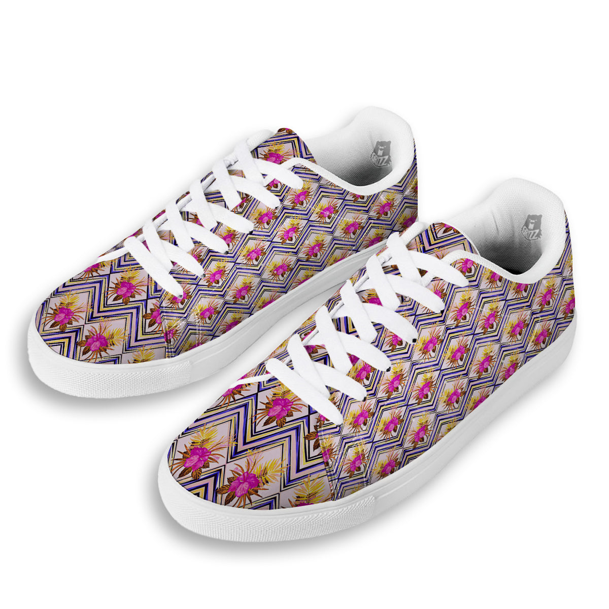 Watercolor Tropical Flower Zigzag Print Pattern White Low Top Sneakers-grizzshop