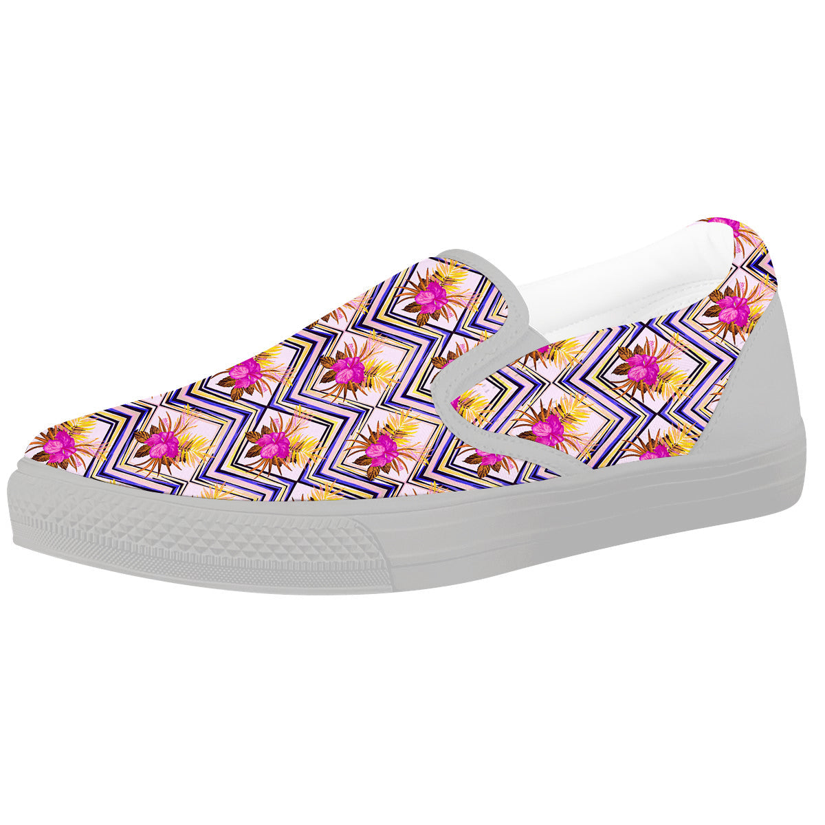 Watercolor Tropical Flower Zigzag Print Pattern White Slip On Shoes-grizzshop