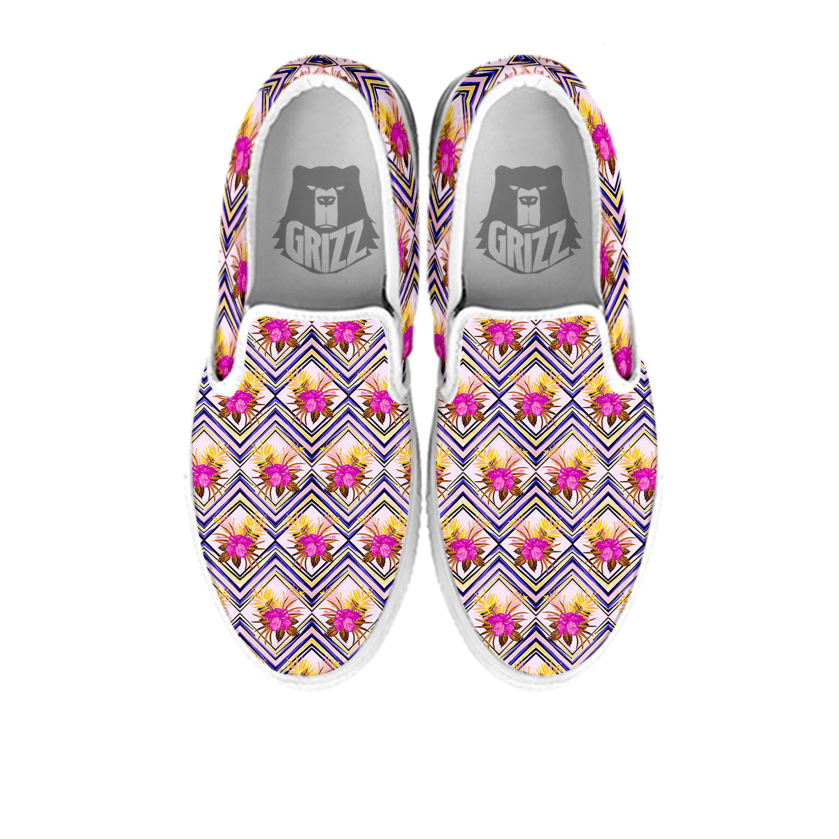 Watercolor Tropical Flower Zigzag Print Pattern White Slip On Shoes-grizzshop