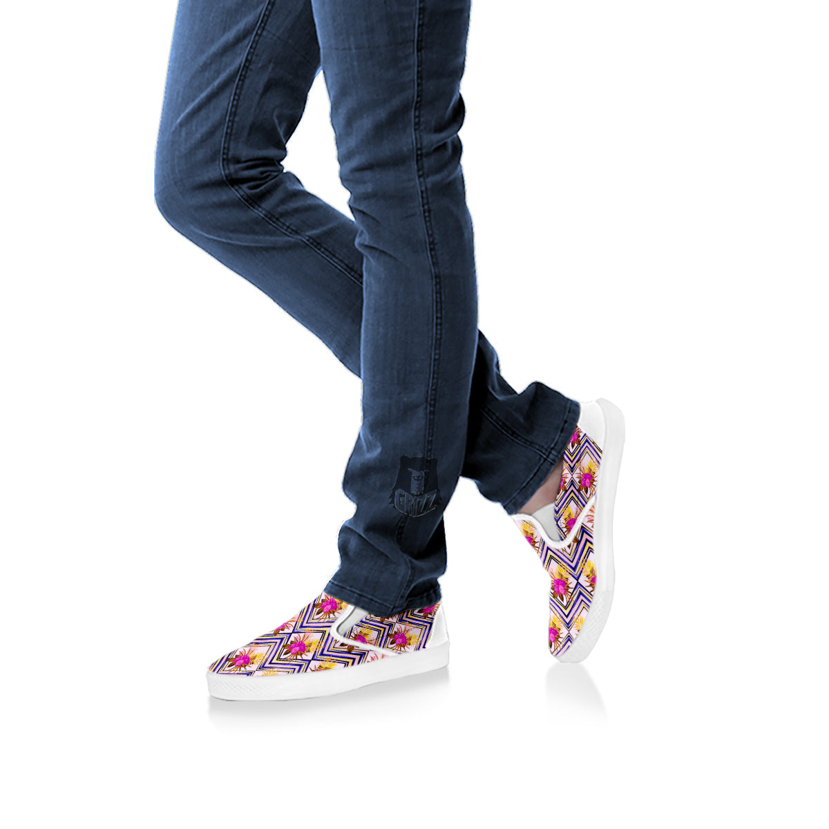 Watercolor Tropical Flower Zigzag Print Pattern White Slip On Shoes-grizzshop