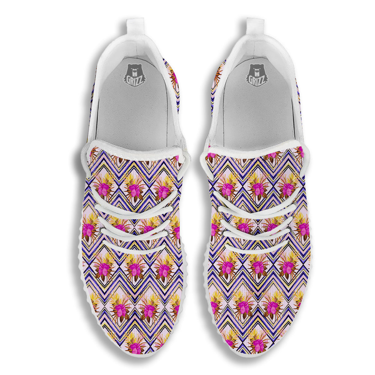 Watercolor Tropical Flower Zigzag Print Pattern White Walking Shoes-grizzshop