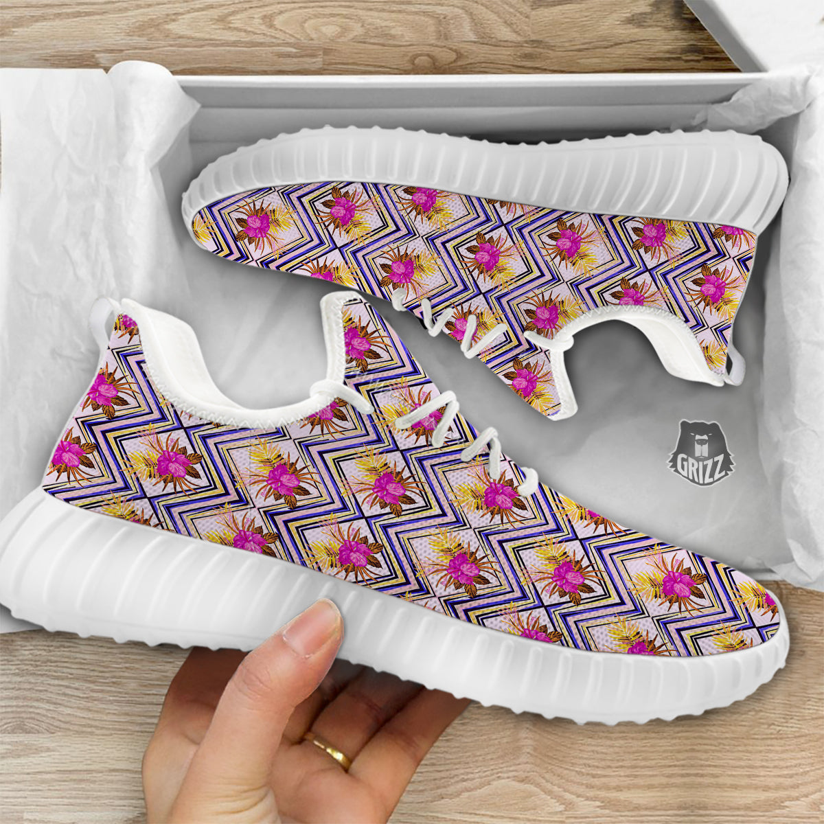 Watercolor Tropical Flower Zigzag Print Pattern White Walking Shoes-grizzshop