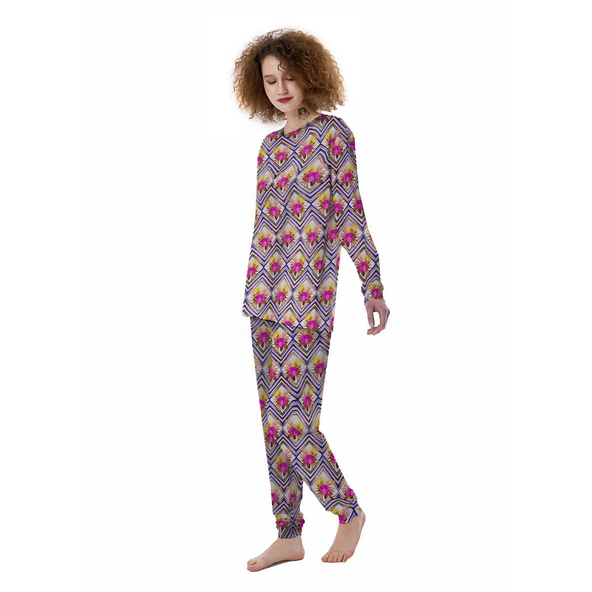 Watercolor Tropical Flower Zigzag Print Pattern Women's Pajamas-grizzshop