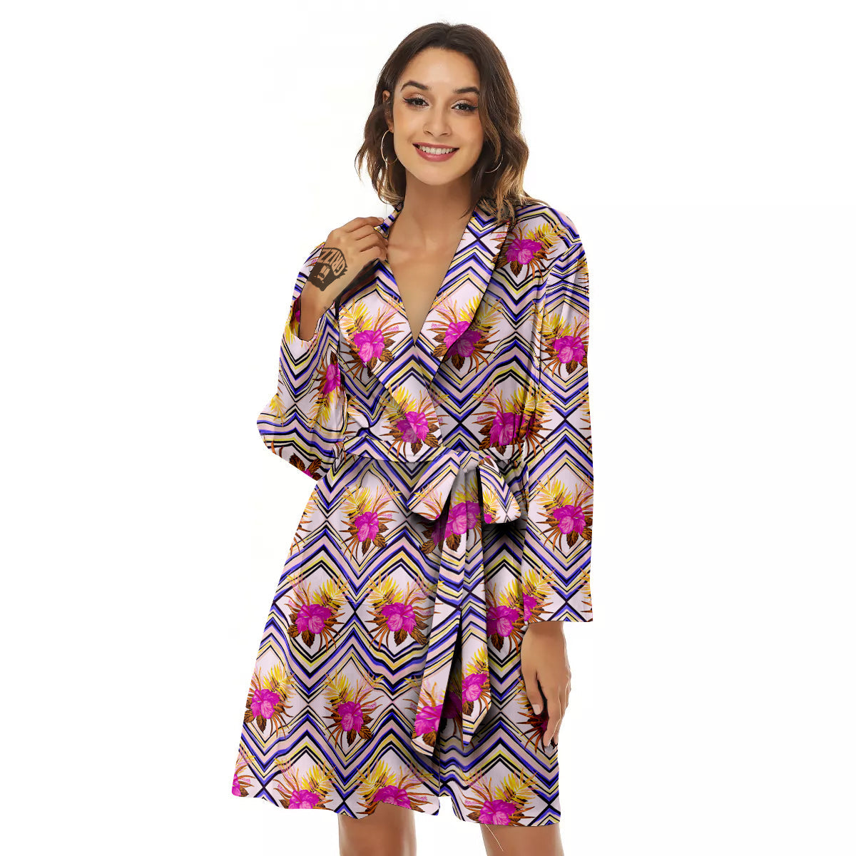 Watercolor Tropical Flower Zigzag Print Pattern Women's Robe-grizzshop