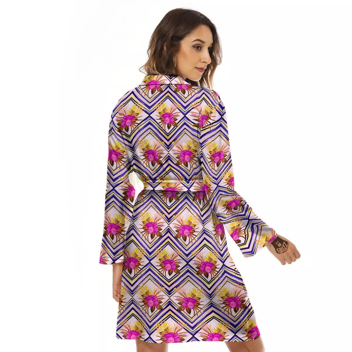 Watercolor Tropical Flower Zigzag Print Pattern Women's Robe-grizzshop