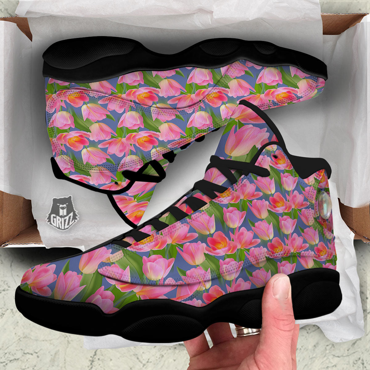 Watercolor Tulip Pink Print Pattern Black Basketball Shoes-grizzshop