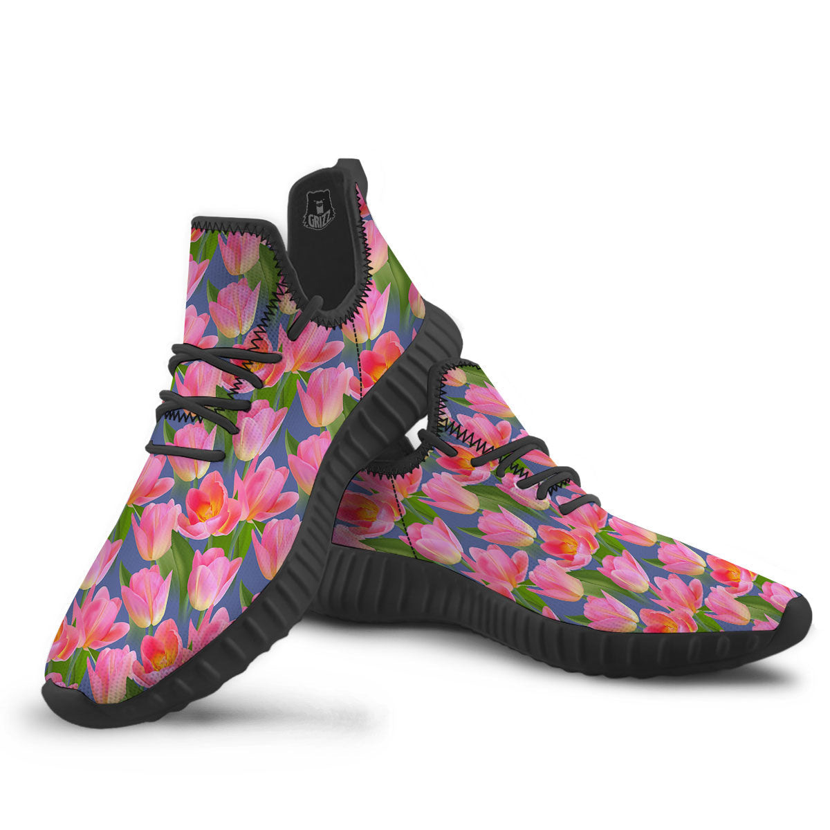 Watercolor Tulip Pink Print Pattern Black Walking Shoes-grizzshop