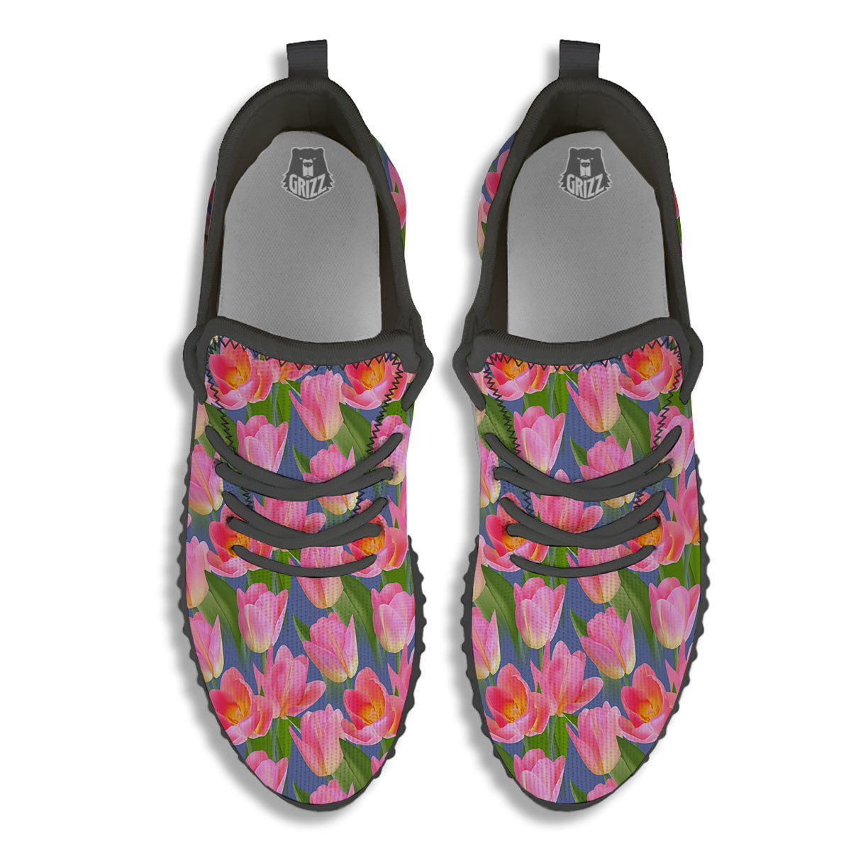 Watercolor Tulip Pink Print Pattern Black Walking Shoes-grizzshop
