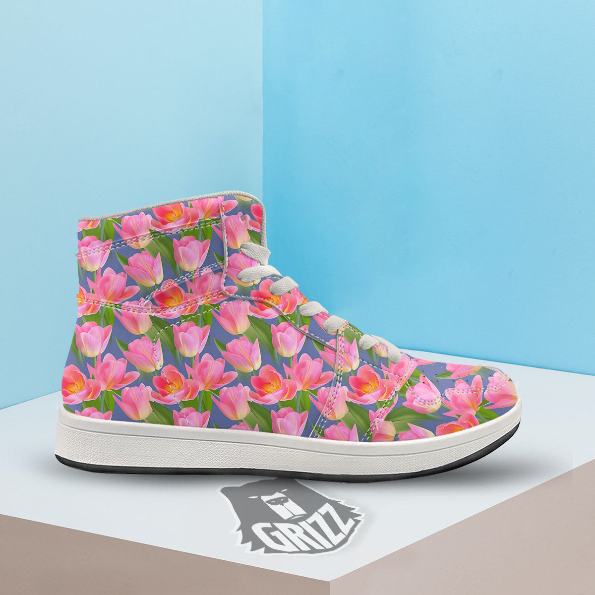 Watercolor Tulip Pink Print Pattern High Top Sneakers-grizzshop