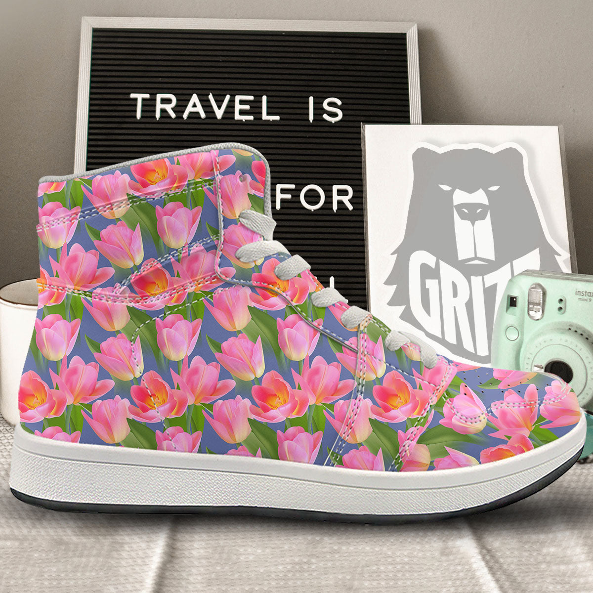 Watercolor Tulip Pink Print Pattern High Top Sneakers-grizzshop