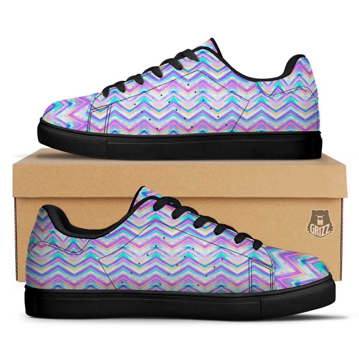 Watercolor Zig Zag Ornament Print Pattern Black Low Top Sneakers-grizzshop