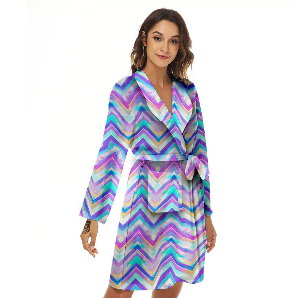 Watercolor Zig Zag Ornament Print Pattern Women's Robe-grizzshop