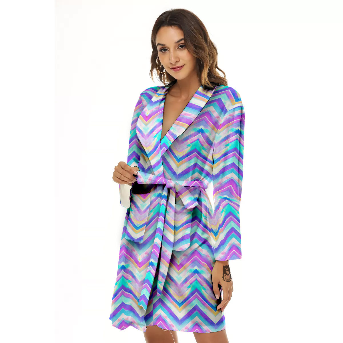 Watercolor Zig Zag Ornament Print Pattern Women's Robe-grizzshop