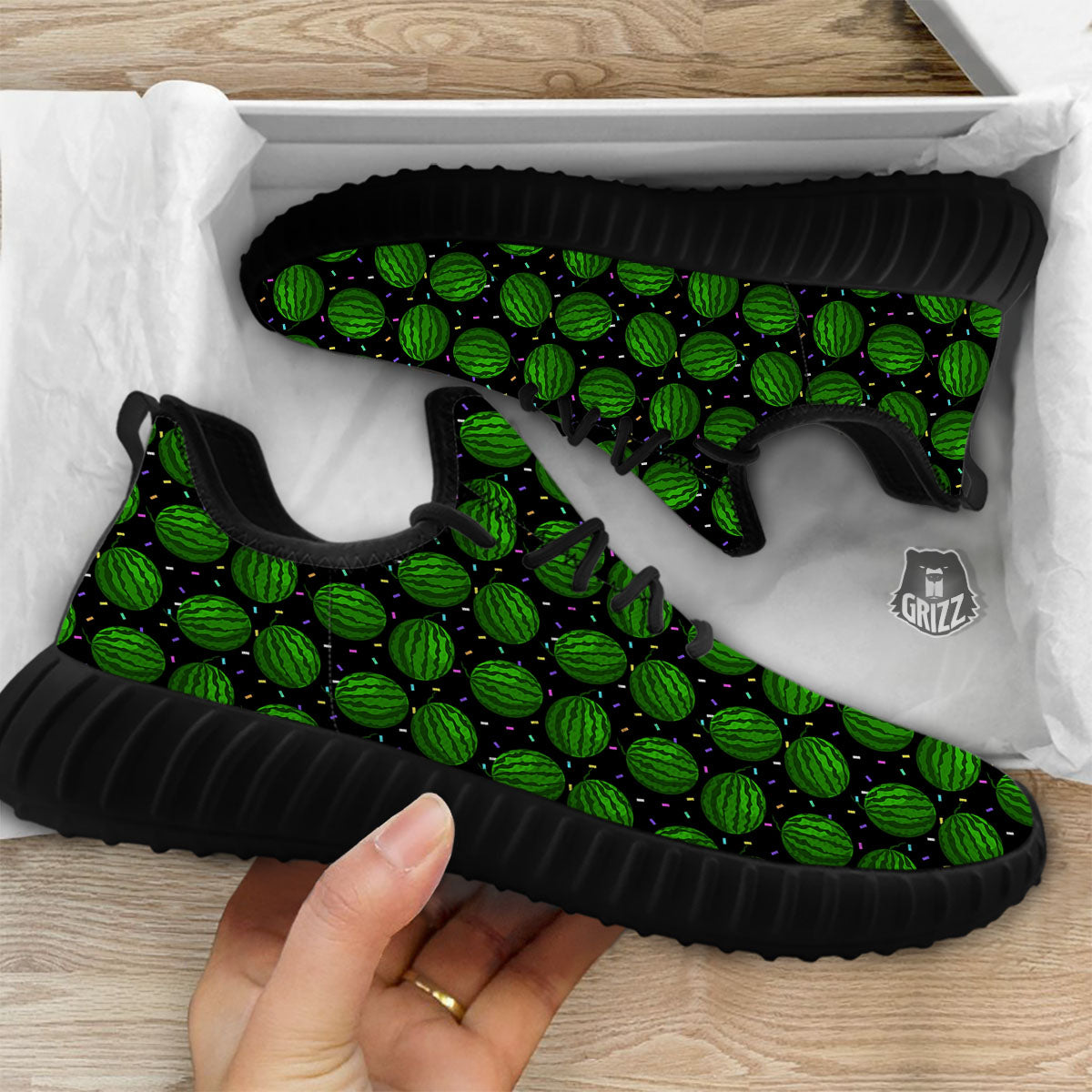Watermelon Black Cute Print Pattern Black Walking Shoes-grizzshop
