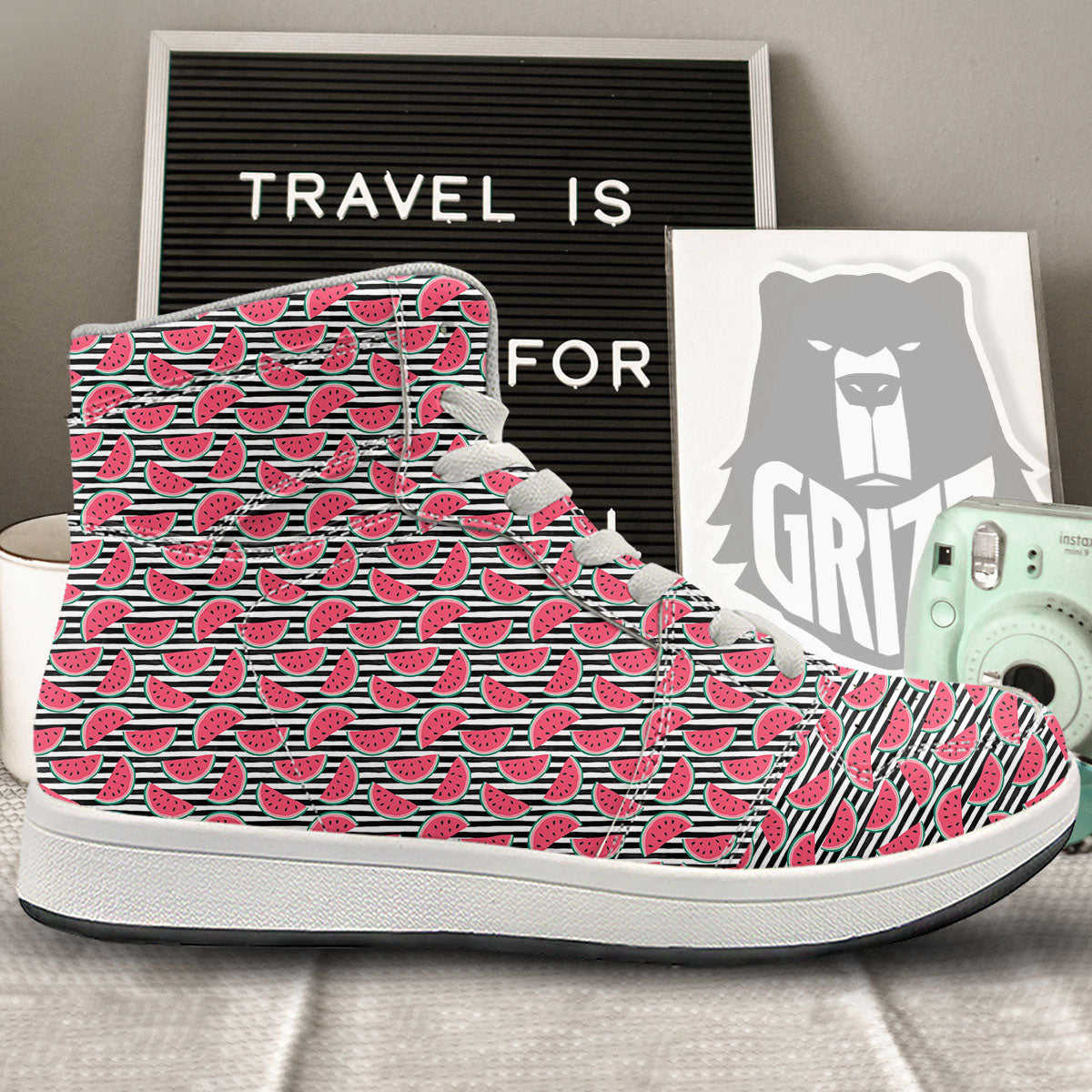 Watermelon Black Striped Print Pattern High Top Sneakers-grizzshop