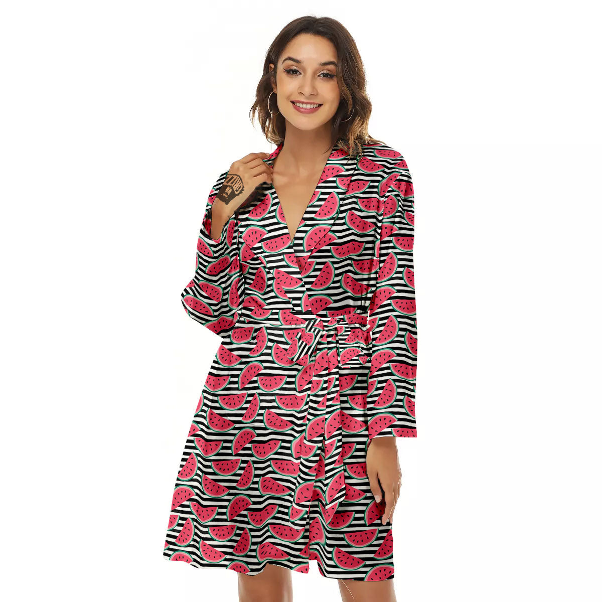 Watermelon Black Striped Print Pattern Women's Robe-grizzshop