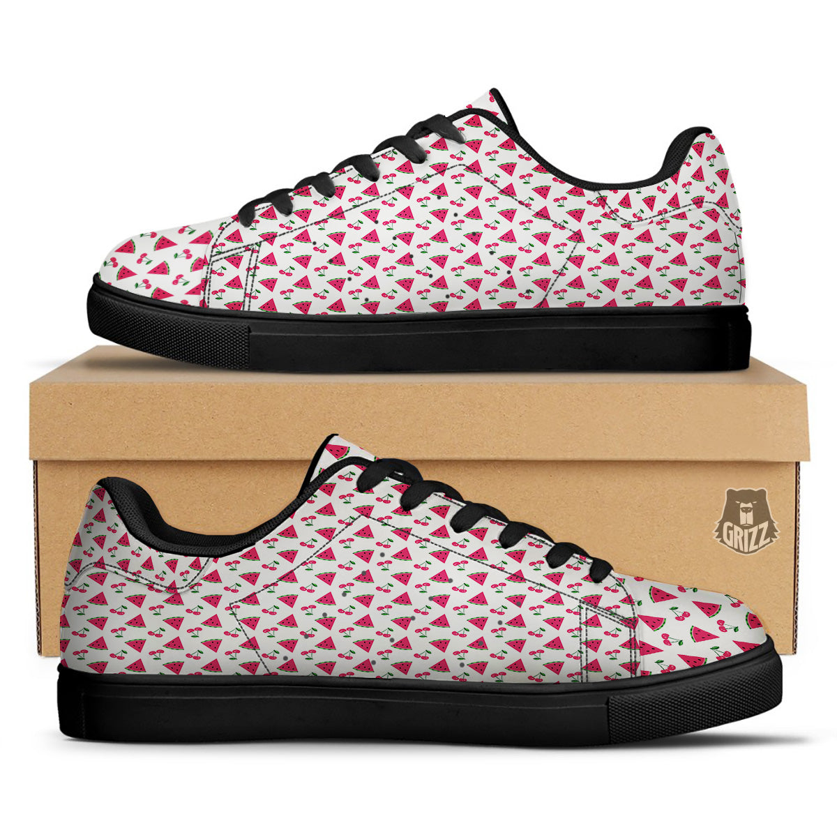 Watermelon Cute Berry Print Pattern Black Low Top Sneakers-grizzshop
