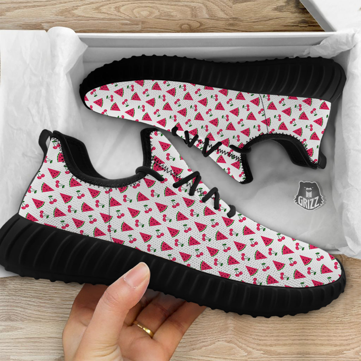 Watermelon Cute Berry Print Pattern Black Walking Shoes-grizzshop