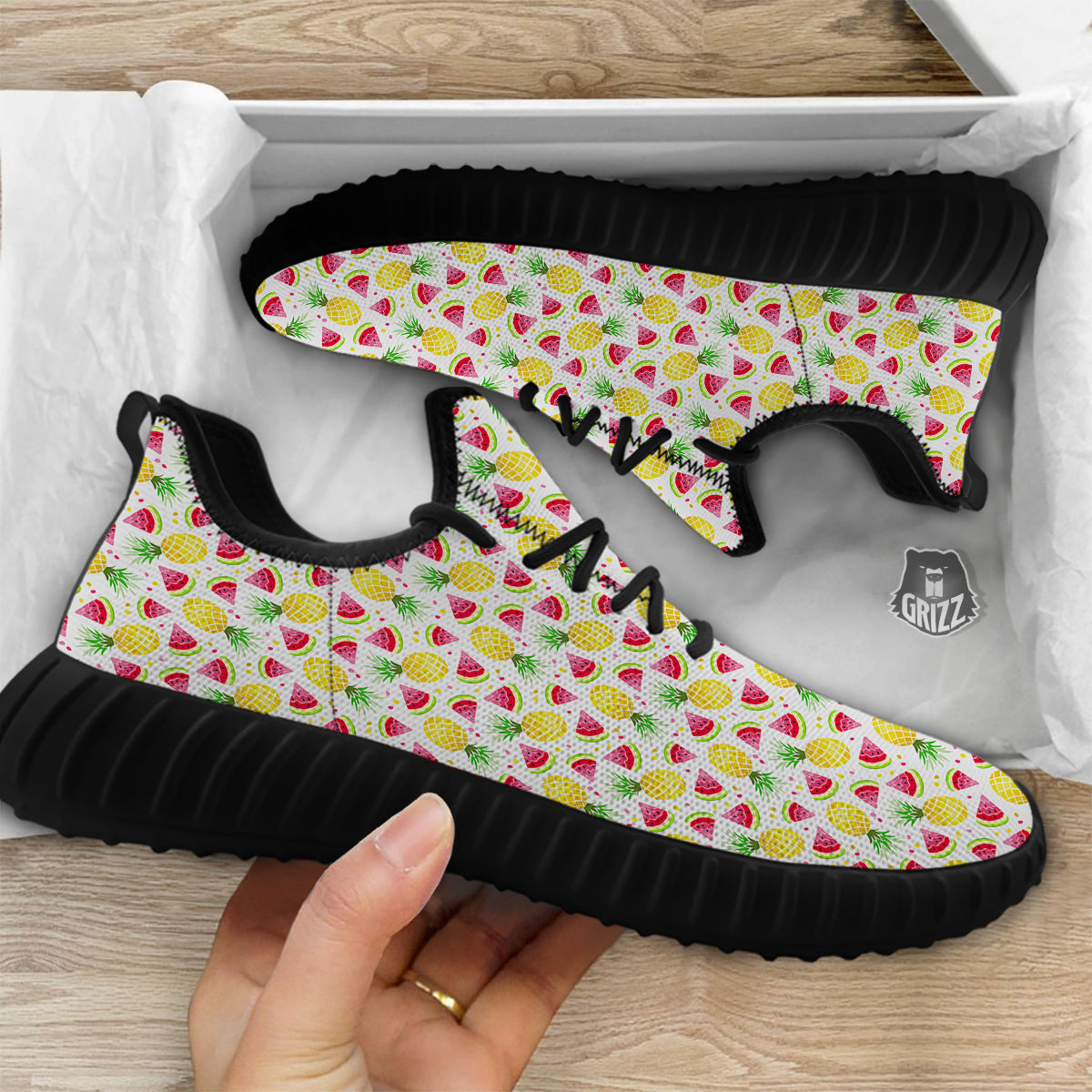 Watermelon Cute Pineapple Print Pattern Black Walking Shoes-grizzshop