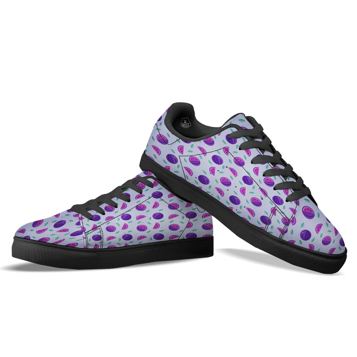 Watermelon Fancy Purple Print Pattern Black Low Top Sneakers-grizzshop