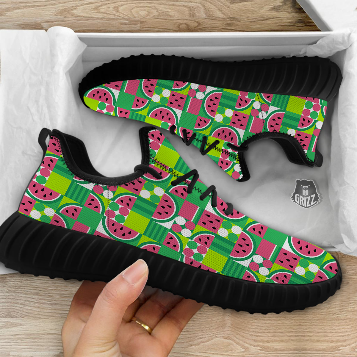 Watermelon Fruit Slice Geometric Print Black Walking Shoes-grizzshop