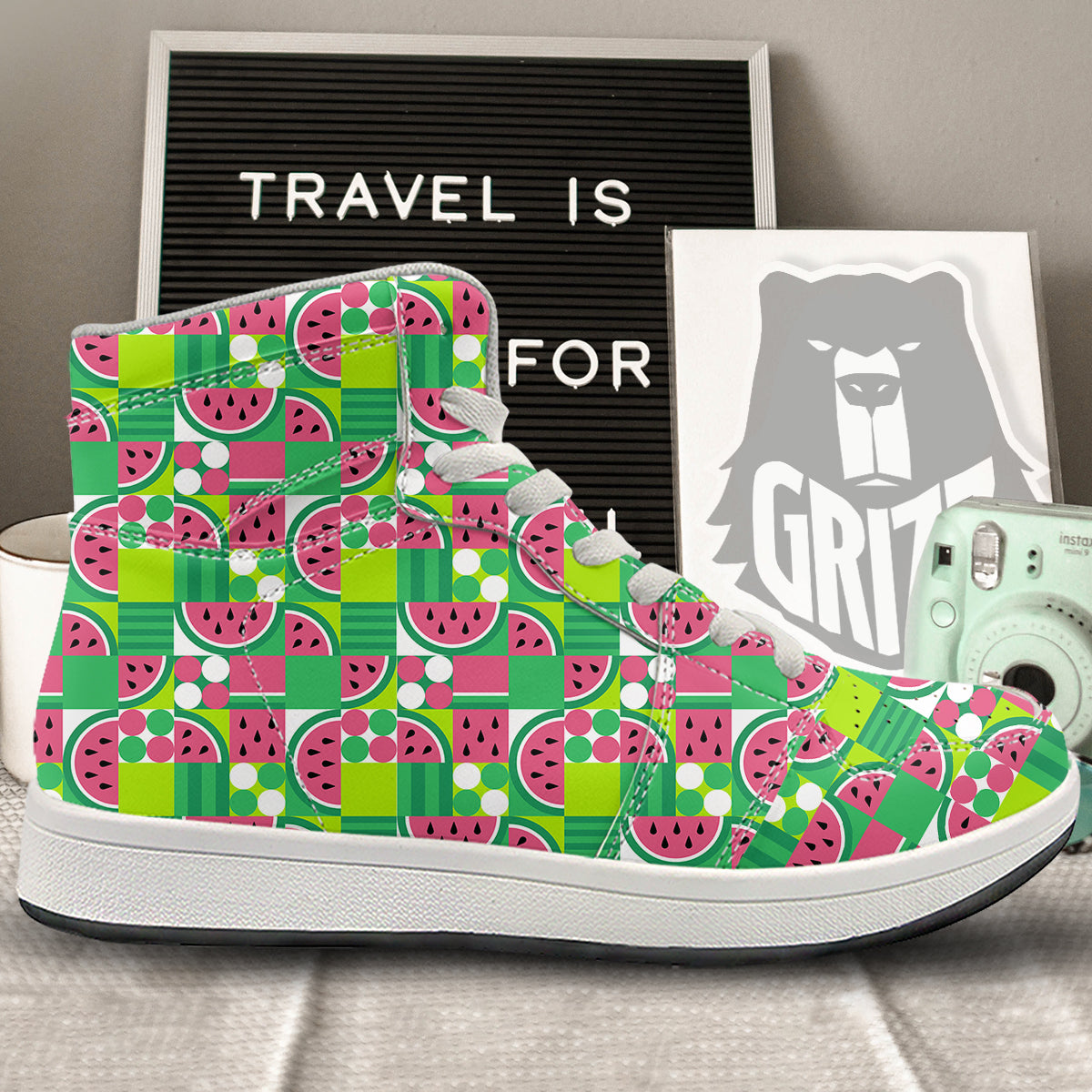 Watermelon Fruit Slice Geometric Print High Top Sneakers-grizzshop