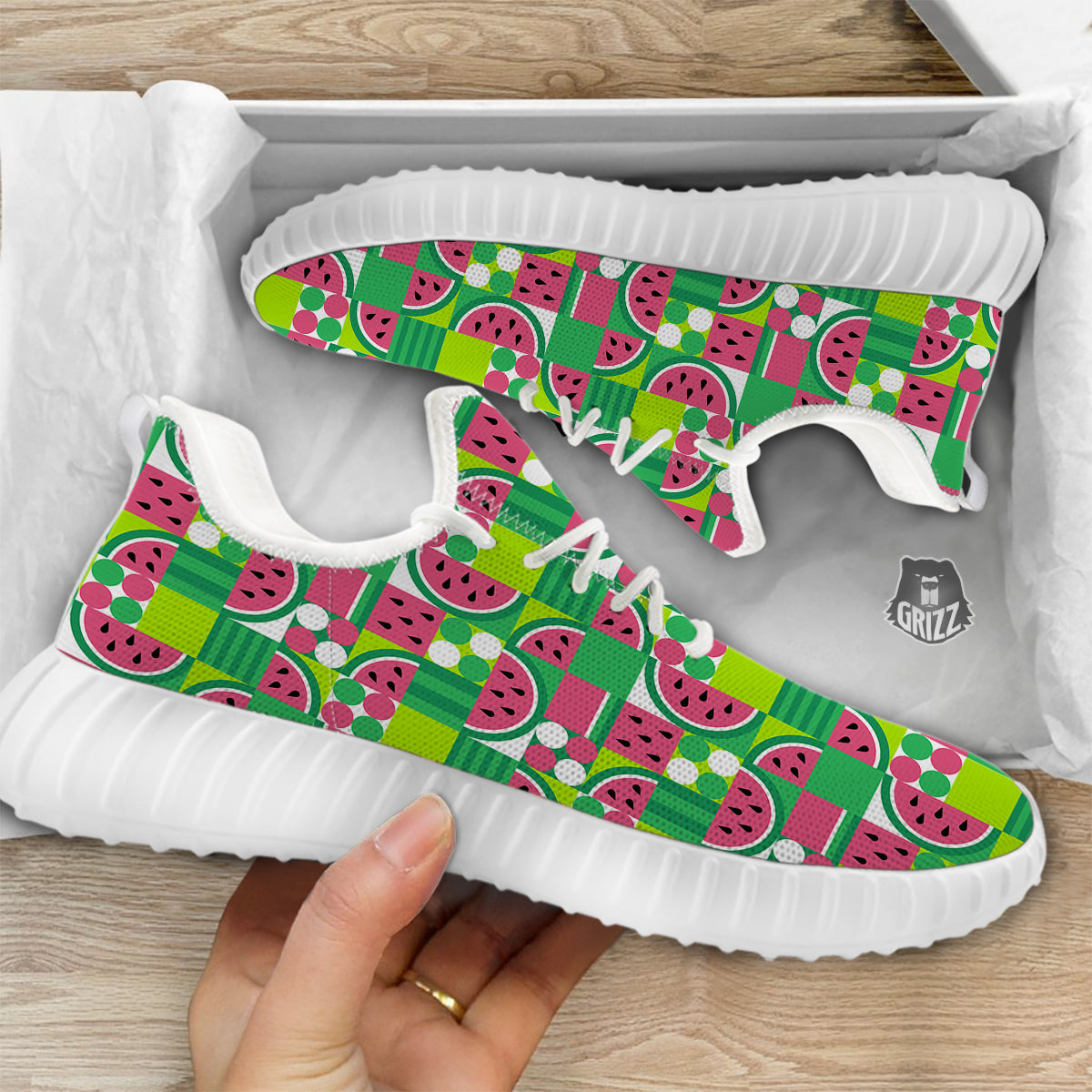 Watermelon Fruit Slice Geometric Print White Walking Shoes-grizzshop