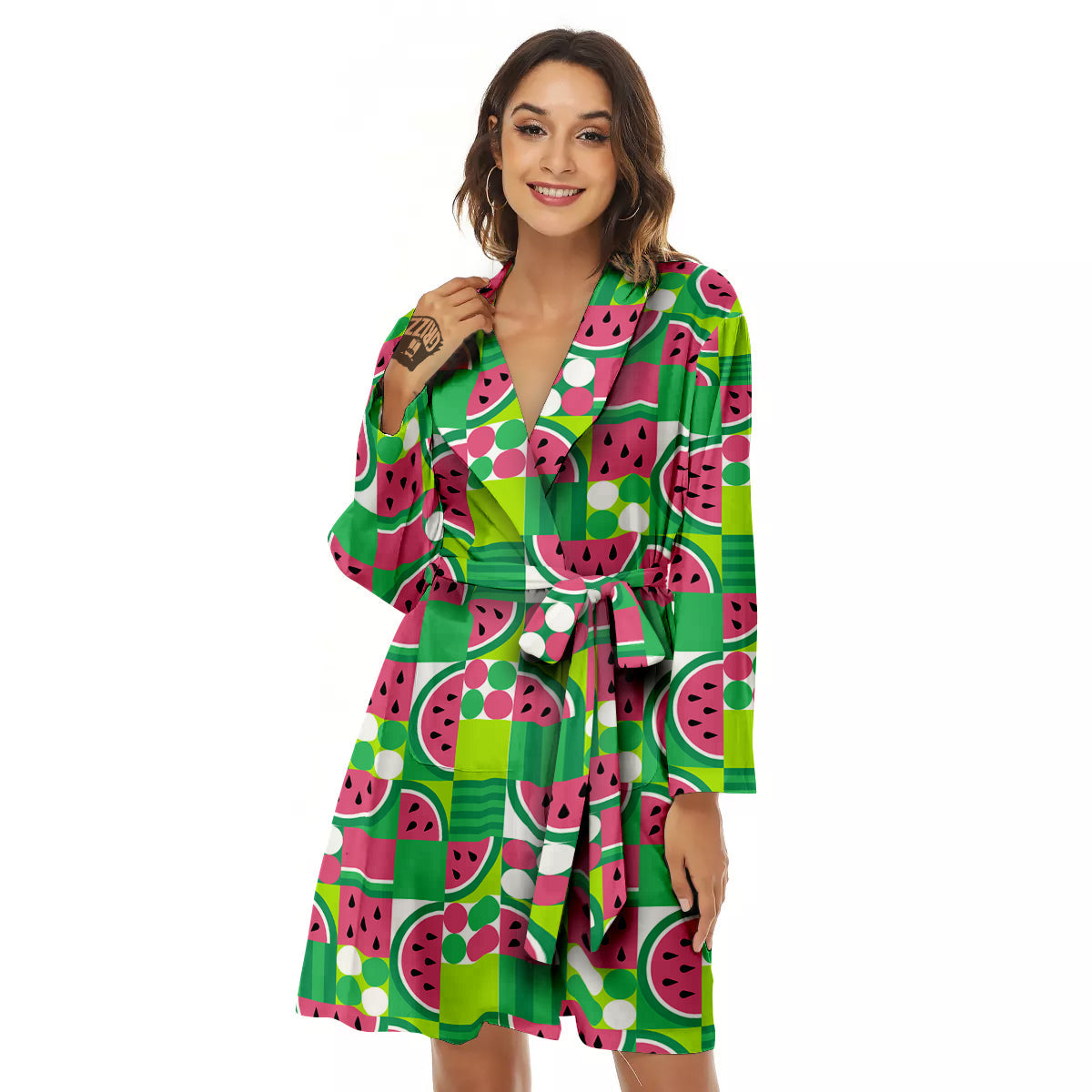 Watermelon Fruit Slice Geometric Print Women's Robe-grizzshop