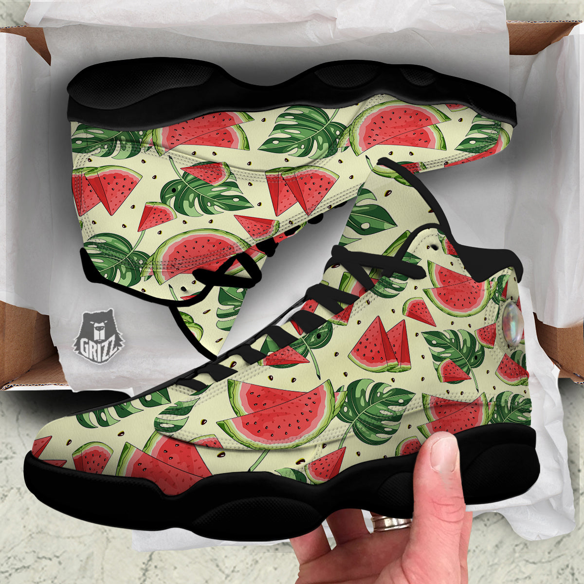 Watermelon Leaf Tropical Print Pattern Black Basketball Shoes-grizzshop