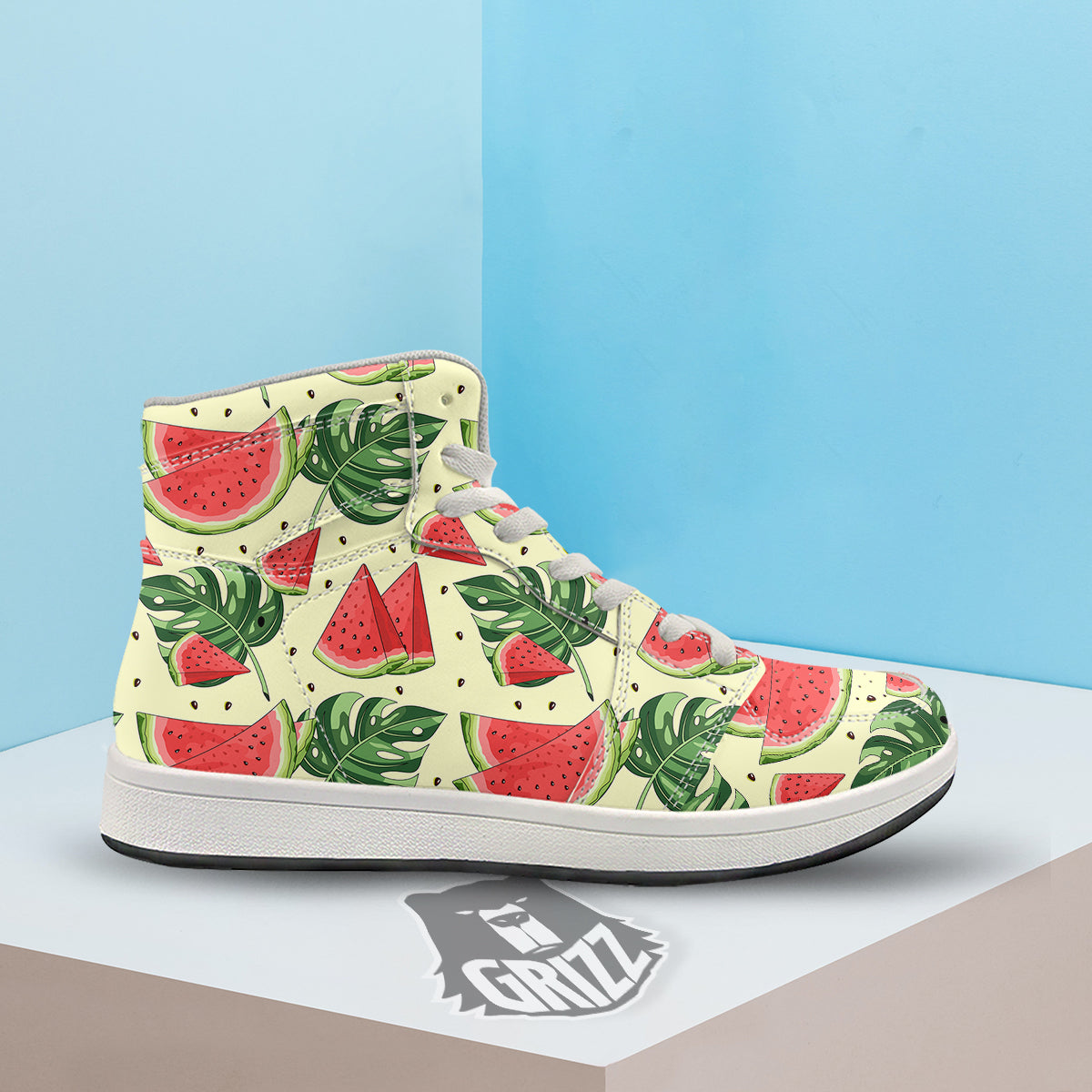 Watermelon Leaf Tropical Print Pattern High Top Sneakers-grizzshop