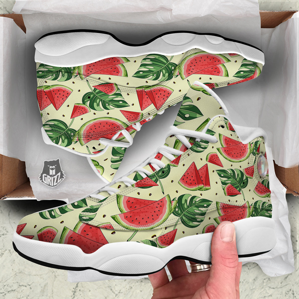 Watermelon Leaf Tropical Print Pattern White Basketball Shoes-grizzshop