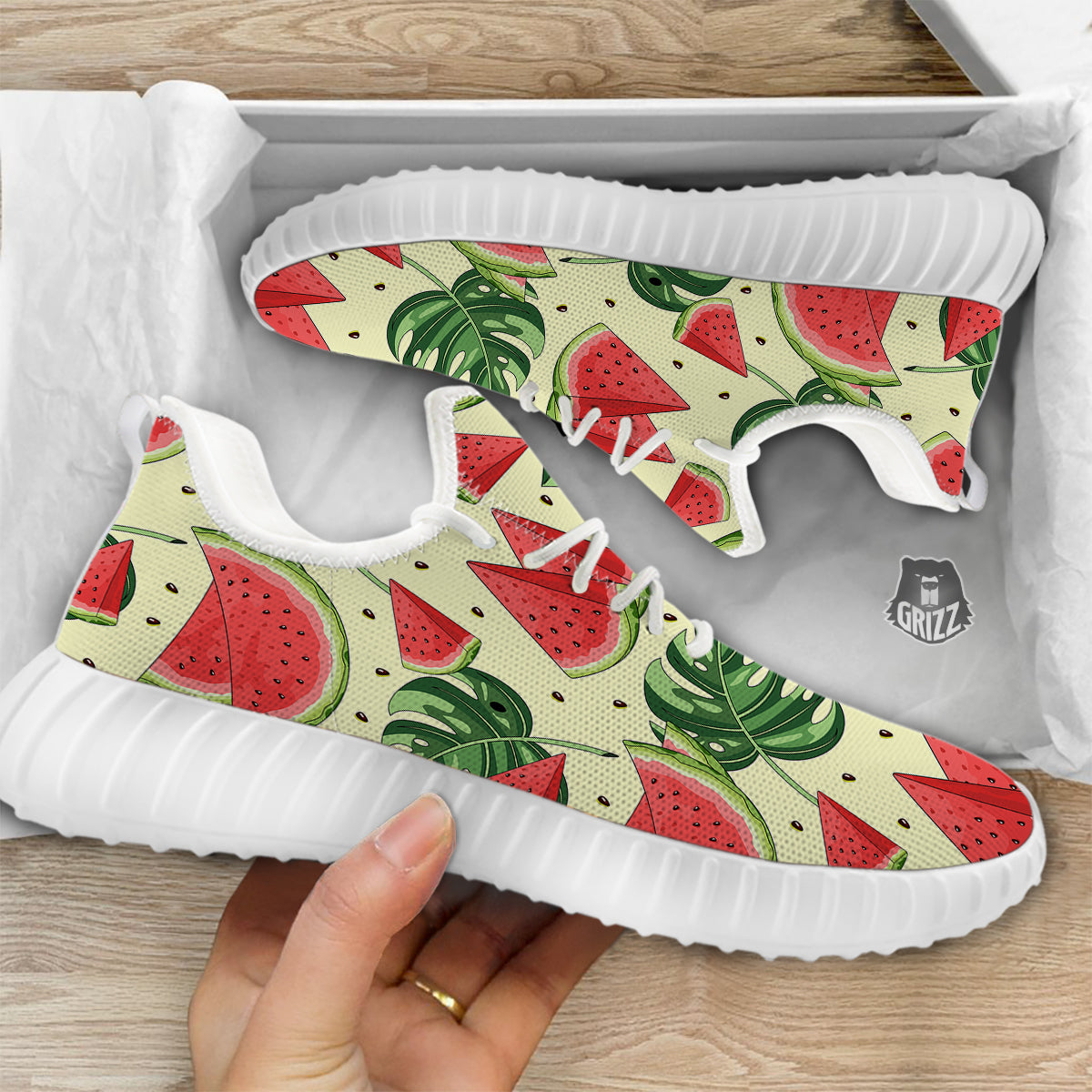 Watermelon Leaf Tropical Print Pattern White Walking Shoes-grizzshop