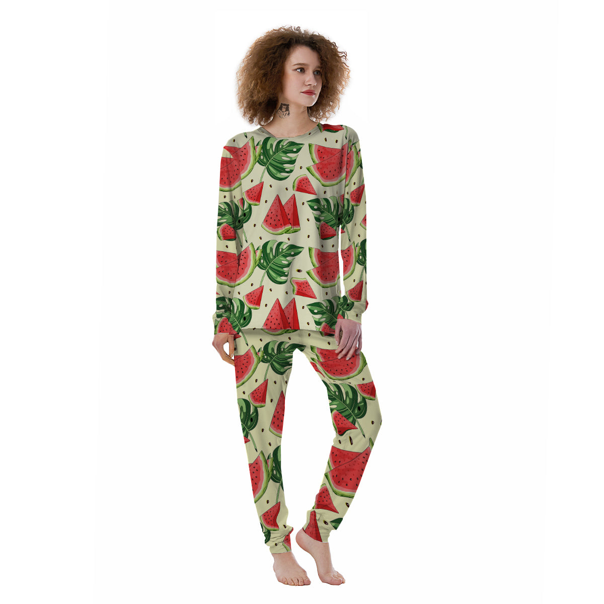 Watermelon Leaf Tropical Print Pattern Women's Pajamas-grizzshop